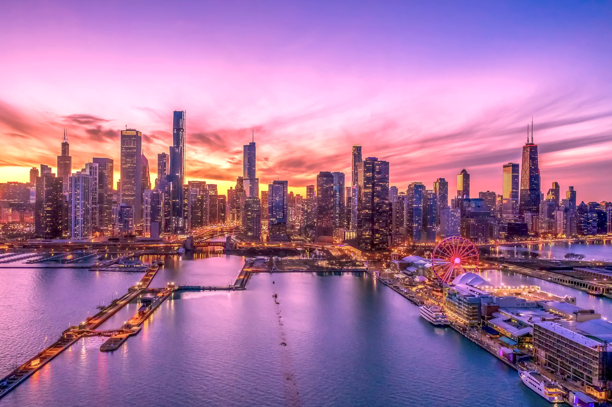 Chicago-downtown-buildings-skyline-aerial-sunset-Navy-Pier-1
